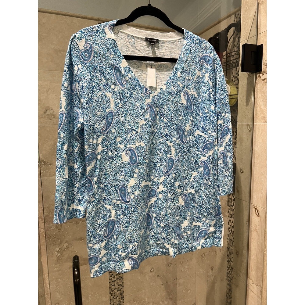 Talbots Womens Blue White Paisley V-Neck Cotton Pullover Blouse Large NWT